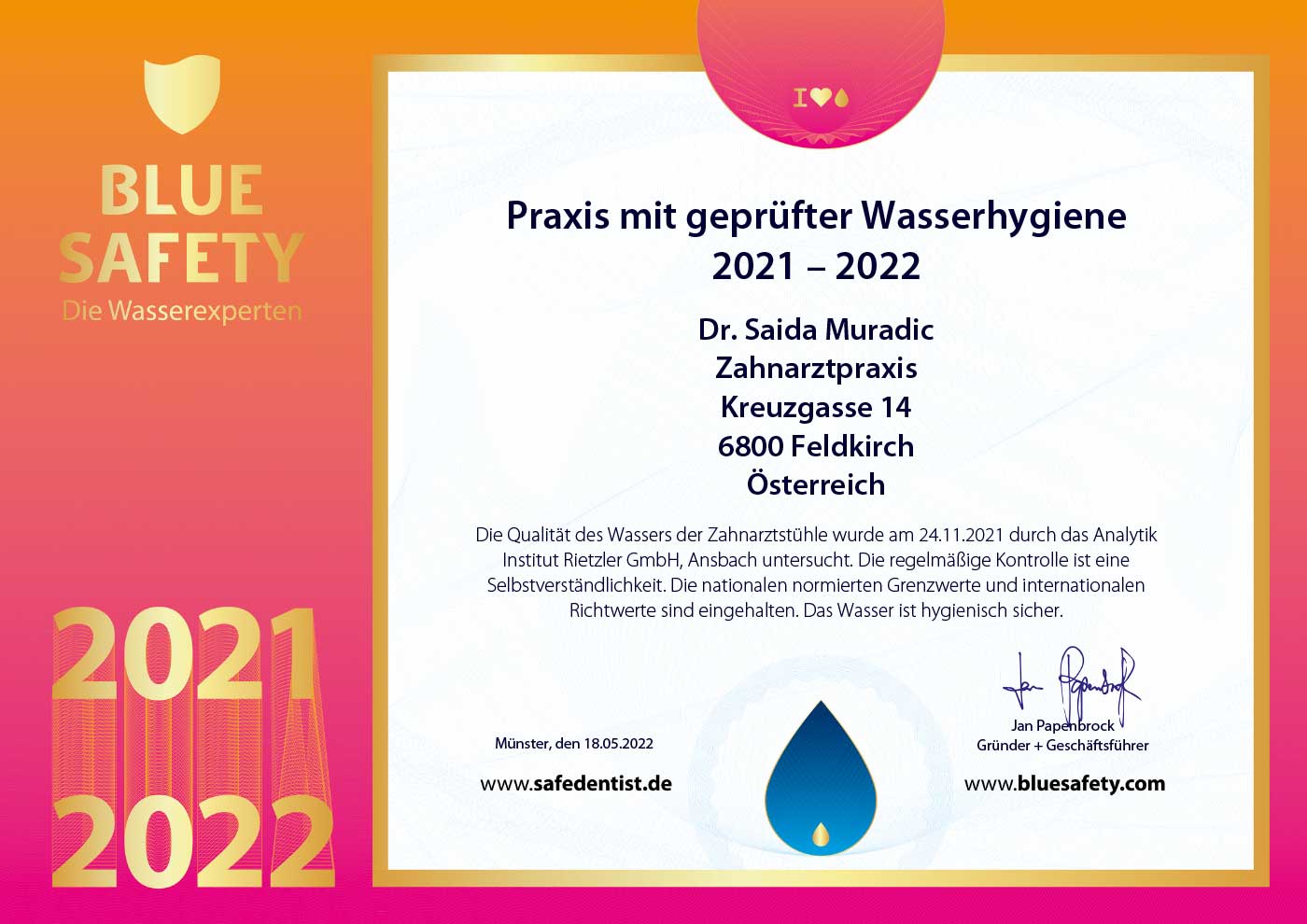 Zertifikat Zahnarzt Wasserhygiene